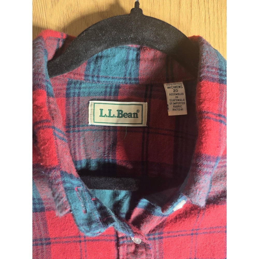 LL Bean Womens 20 Flannel Shirt Red Green Plaid Cotton Button Down Long Sleeve